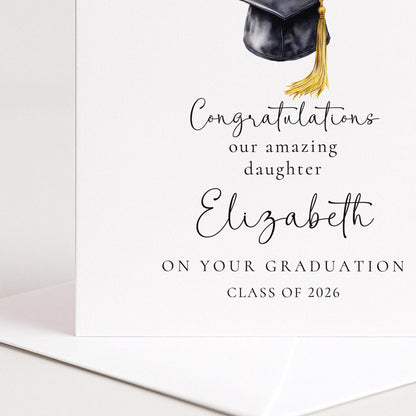 Graduation Card Daughter - Personalised Name, Elegant Cap Design, Premium 300gsm Matte
