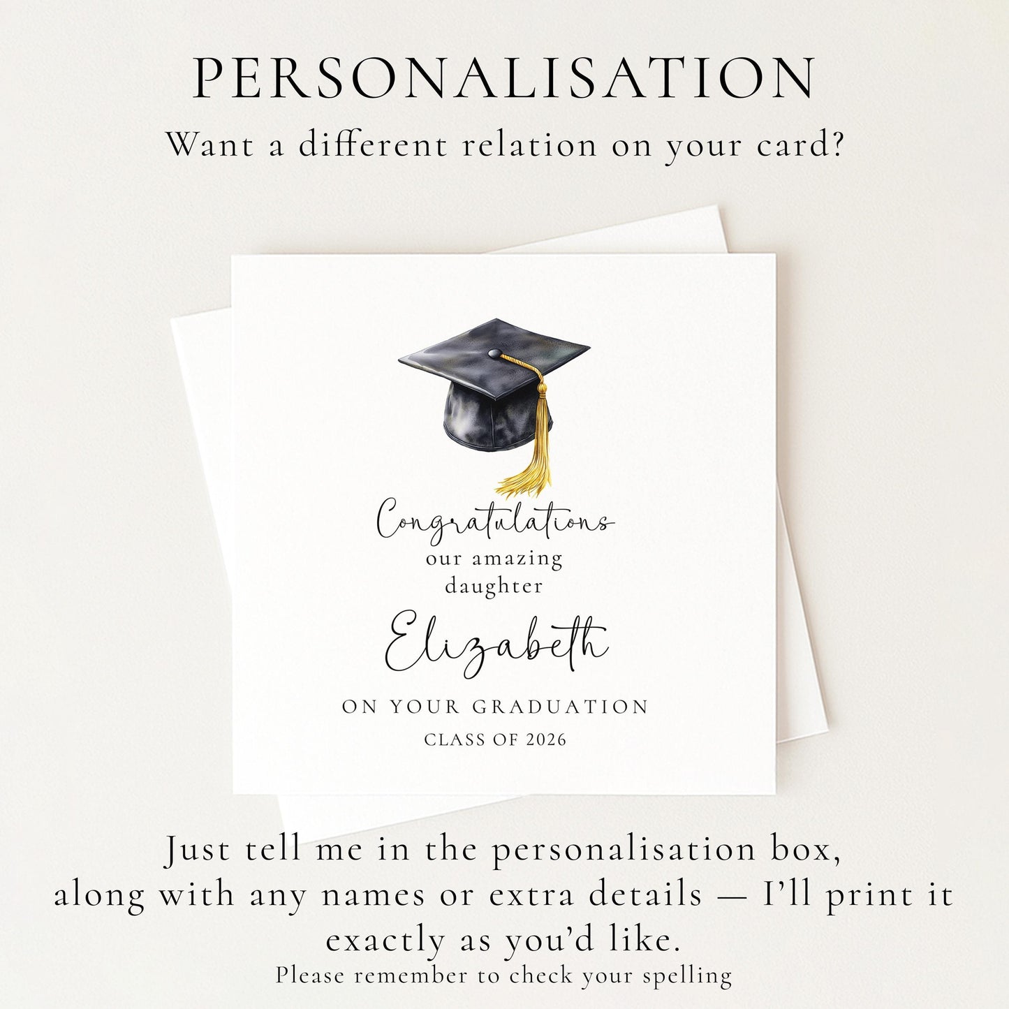 Graduation Card Daughter - Personalised Name, Elegant Cap Design, Premium 300gsm Matte