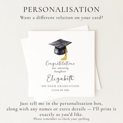 Graduation Card Daughter - Personalised Name, Elegant Cap Design, Premium 300gsm Matte
