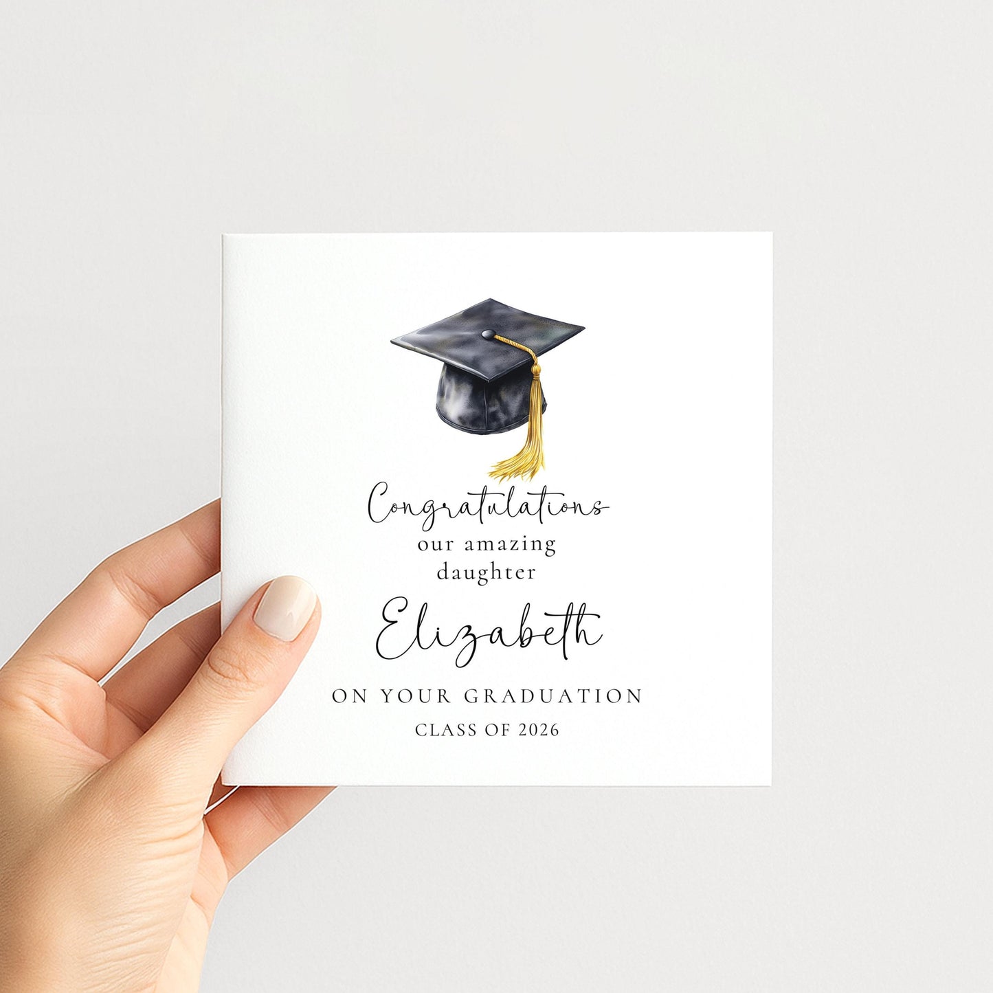 Graduation Card Daughter - Personalised Name, Elegant Cap Design, Premium 300gsm Matte