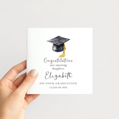 Graduation Card Daughter - Personalised Name, Elegant Cap Design, Premium 300gsm Matte