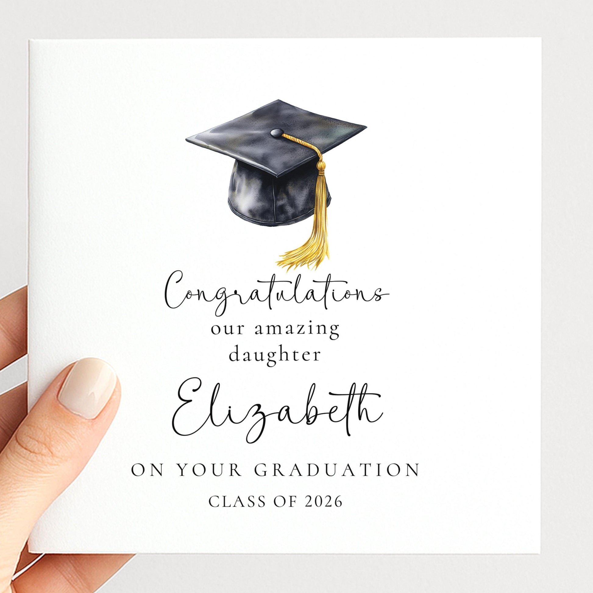 Graduation Card Daughter - Personalised Name, Elegant Cap Design, Premium 300gsm Matte