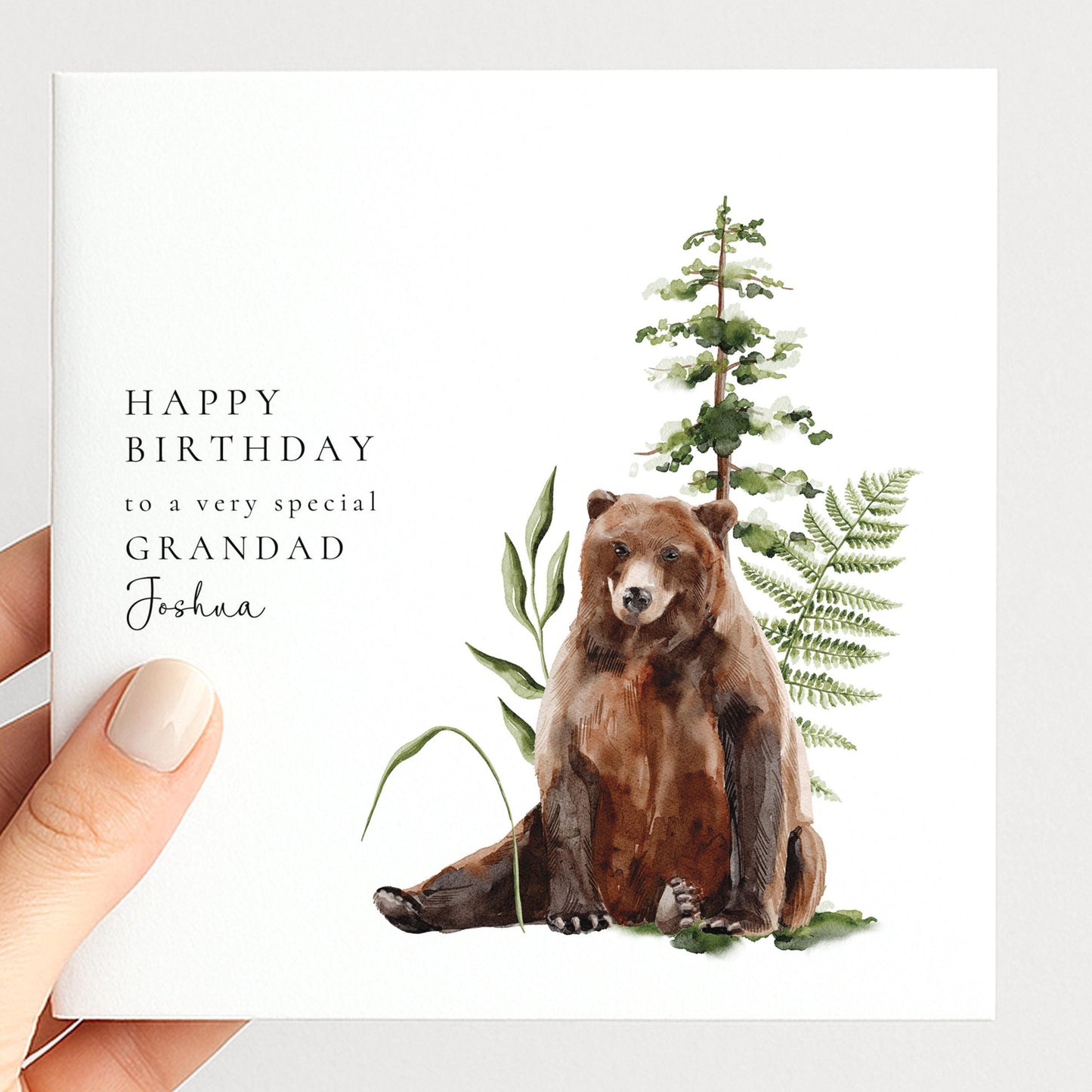 Grandad Birthday Card - Personalised Woodland Bear Card With Custom Name