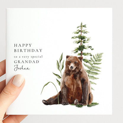 Grandad Birthday Card - Personalised Woodland Bear Card With Custom Name