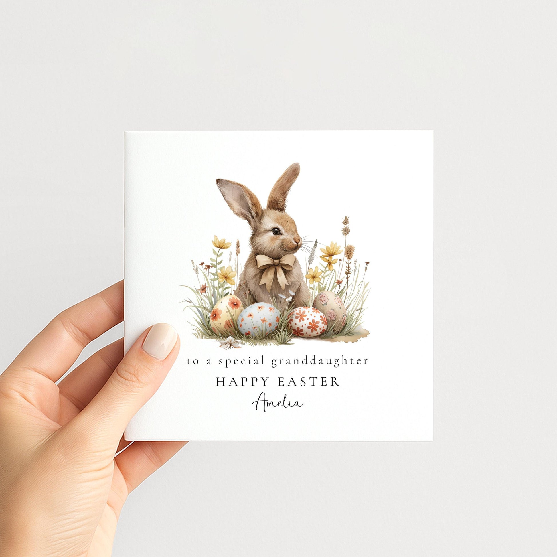 Grandchild Easter Card – Personalised Bunny Illustration With Spring Flowers