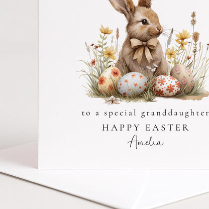Grandchild Easter Card – Personalised Bunny Illustration With Spring Flowers
