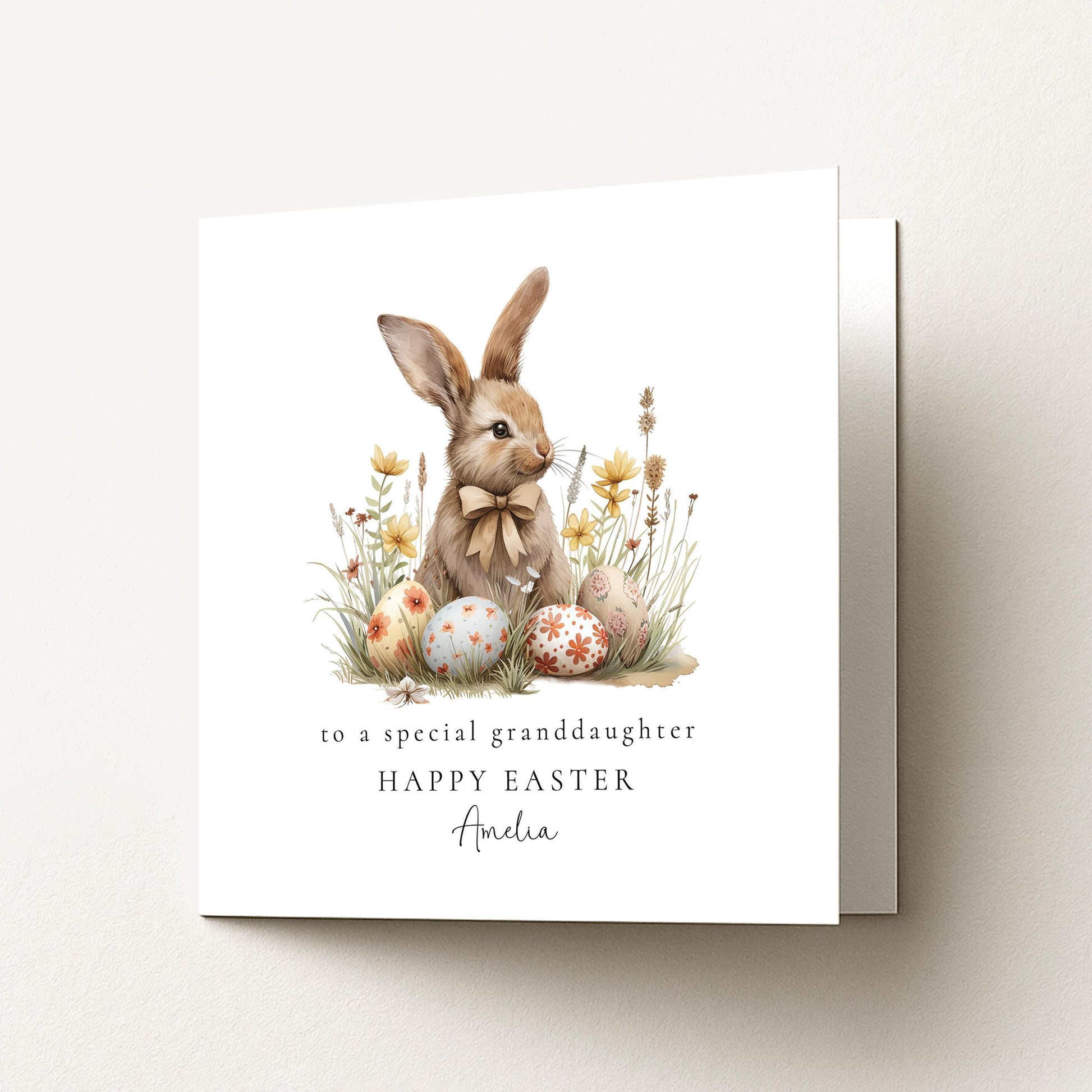Grandchild Easter Card – Personalised Bunny Illustration With Spring Flowers