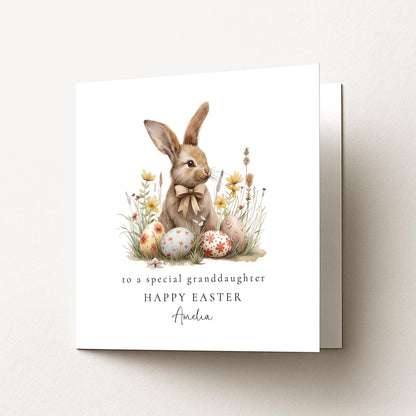 Grandchild Easter Card – Personalised Bunny Illustration With Spring Flowers
