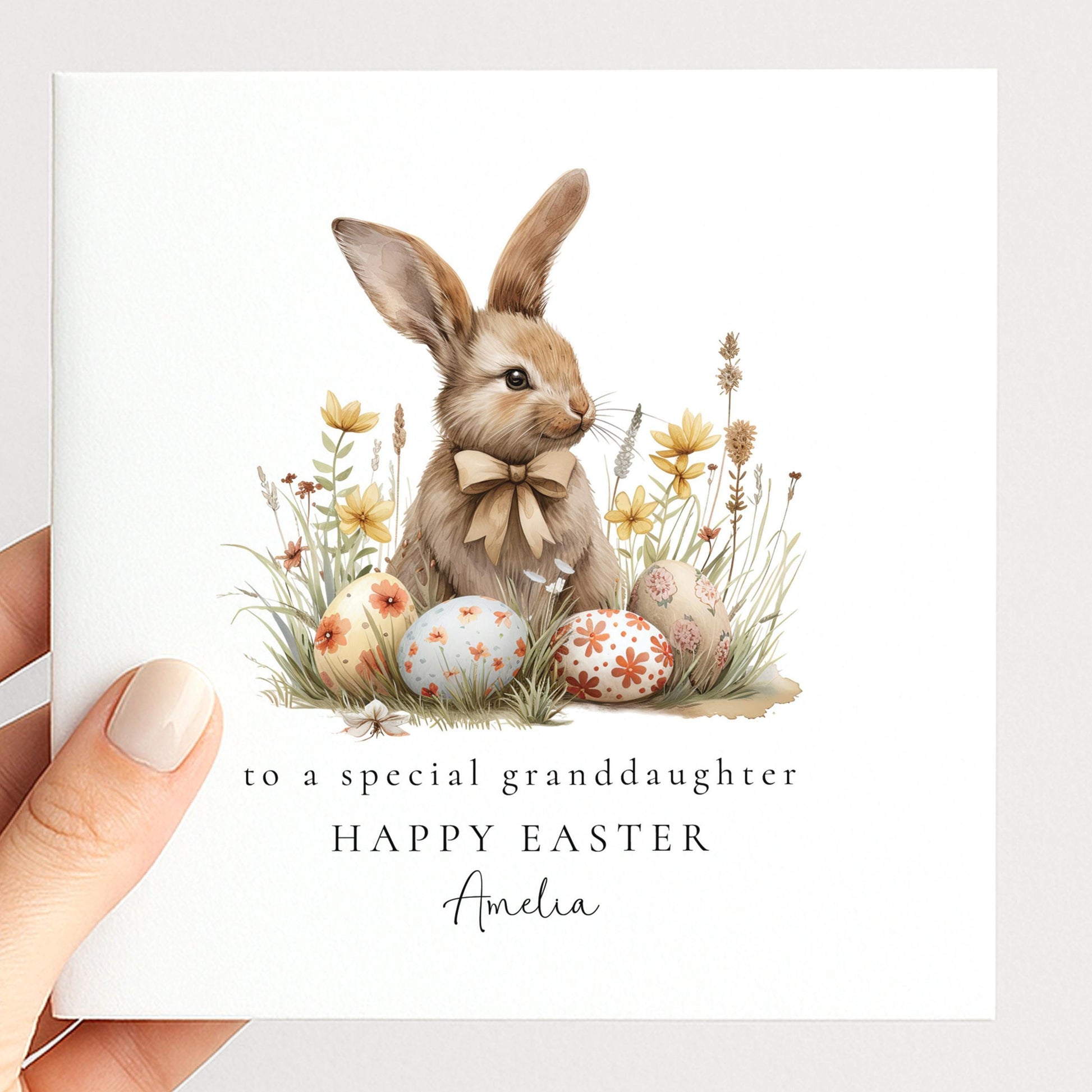 Grandchild Easter Card – Personalised Bunny Illustration With Spring Flowers