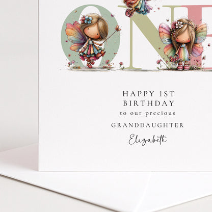 Granddaughter 1st Birthday Card – Personalized Fairy Theme Keepsake Card