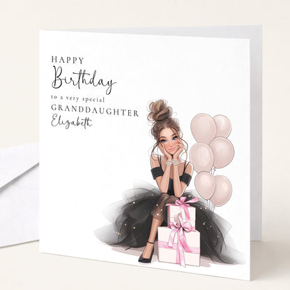 Colorful birthday card for a brunette teenage granddaughter from Whimsi Lilley, featuring cheerful design and heartfelt message.