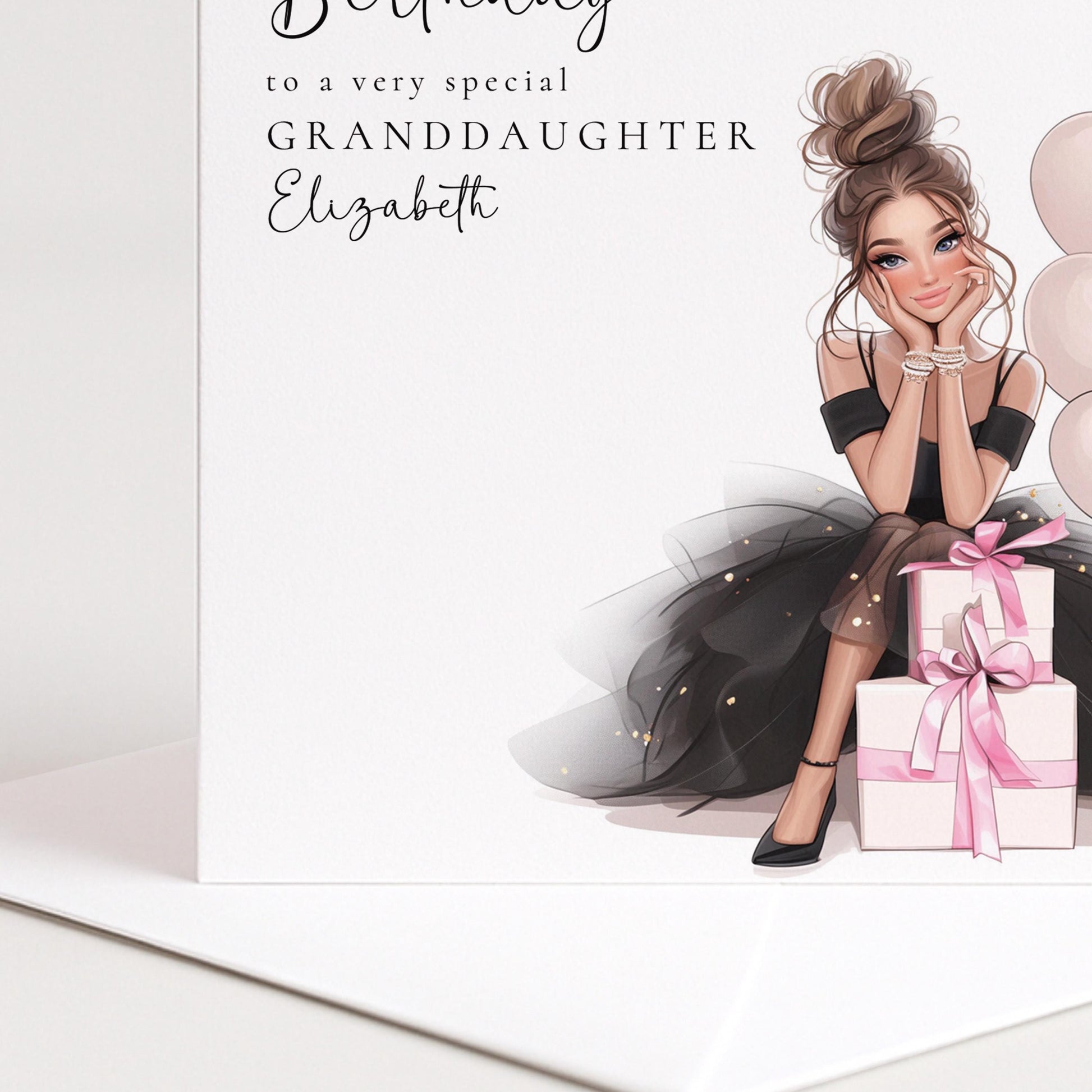 Whimsi Lilley brunette teenage granddaughter birthday card featuring colorful design and cheerful message for kids.