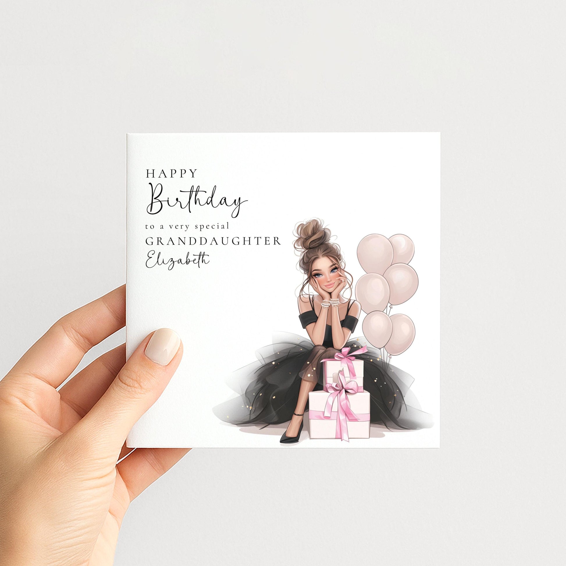 Whimsi Lilley granddaughter birthday card featuring a brunette teen girl illustration, perfect for kids' birthday celebrations.