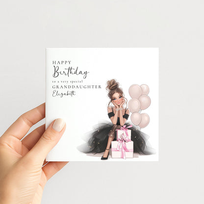 Whimsi Lilley granddaughter birthday card featuring a brunette teen girl illustration, perfect for kids' birthday celebrations.