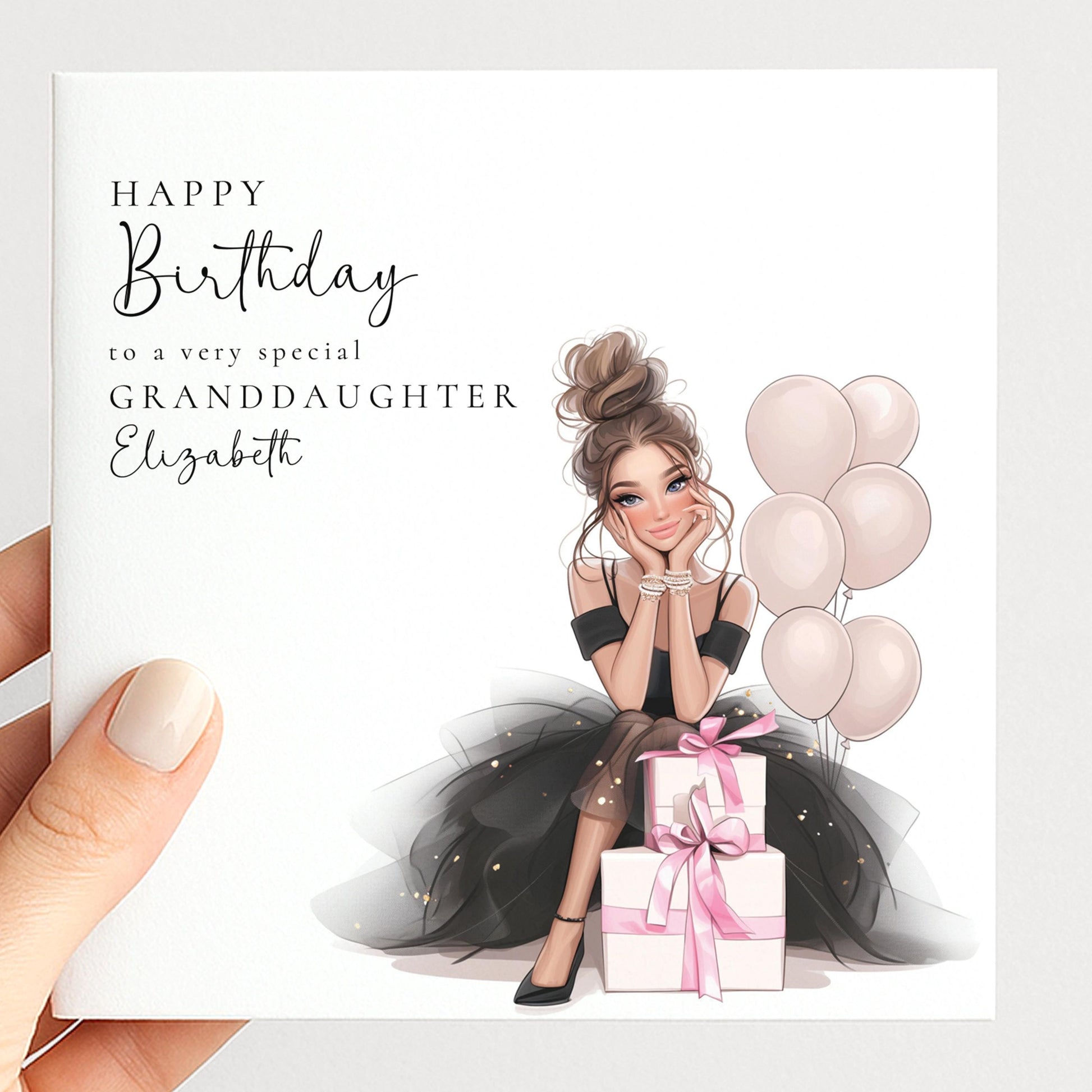 Whimsi Lilley granddaughter birthday card featuring a brunette teen girl, perfect for kids' birthday celebrations.
