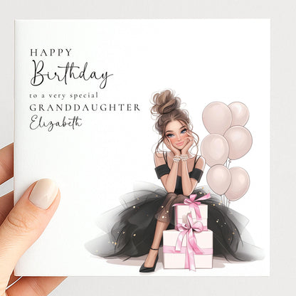 Whimsi Lilley granddaughter birthday card featuring a brunette teen girl, perfect for kids' birthday celebrations.