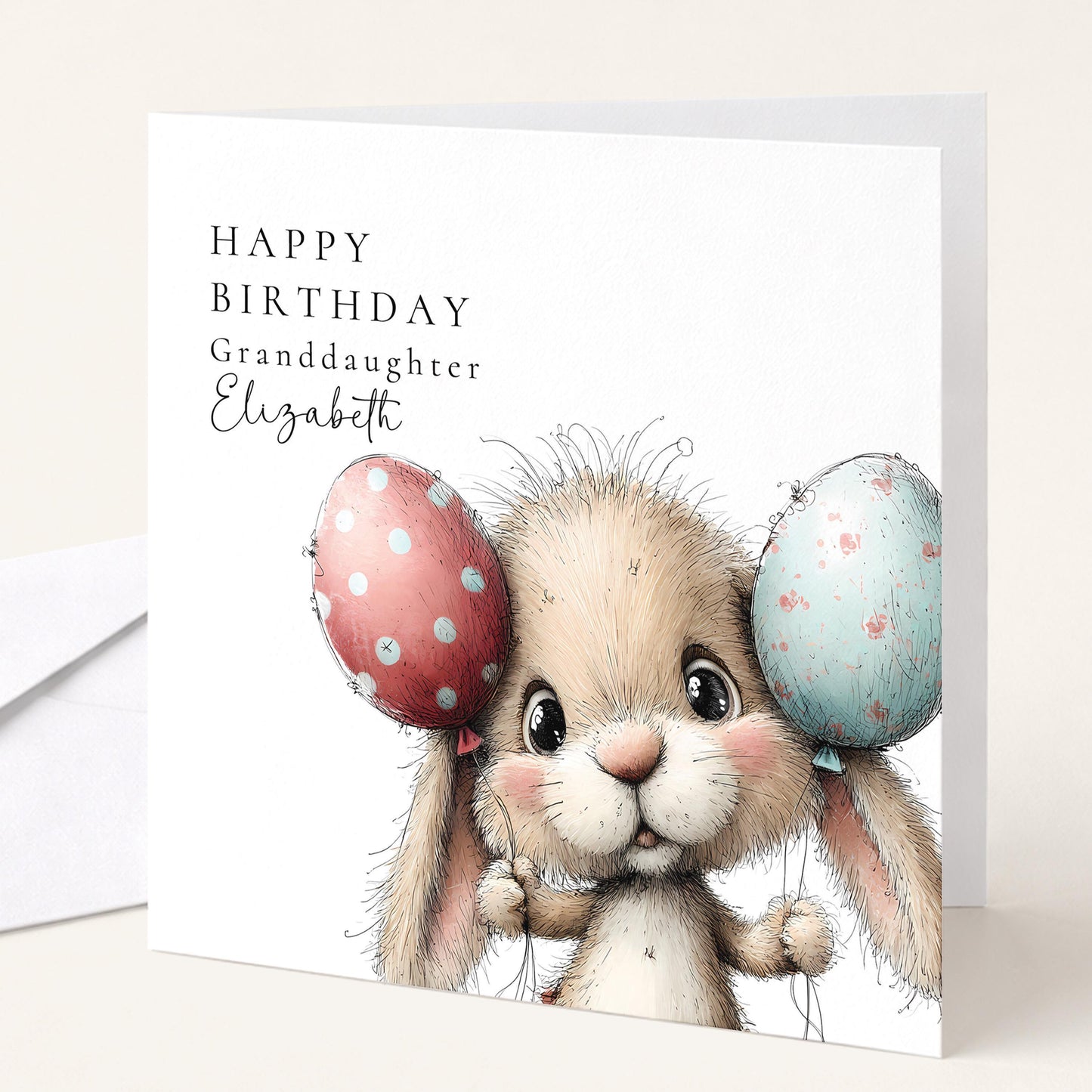 Granddaughter Birthday Card – Cute Bunny Rabbit With Balloons | Personalised Keepsake