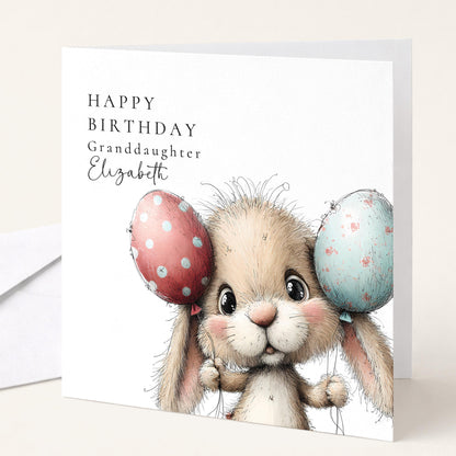 Granddaughter Birthday Card – Cute Bunny Rabbit With Balloons | Personalised Keepsake
