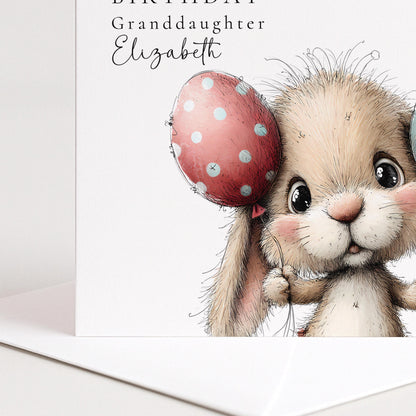 Granddaughter Birthday Card – Cute Bunny Rabbit With Balloons | Personalised Keepsake