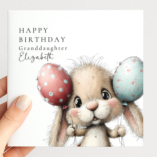 Granddaughter Birthday Card – Cute Bunny Rabbit With Balloons | Personalised Keepsake