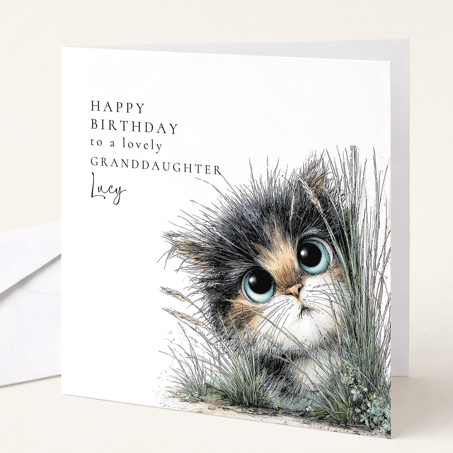 Granddaughter Birthday Card – Cute Cat Design With Personalised Name & Envelope