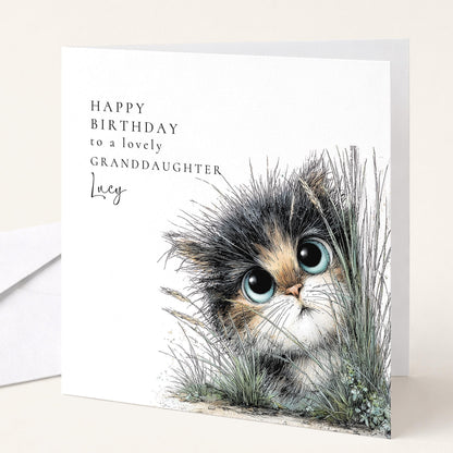 Granddaughter Birthday Card – Cute Cat Design With Personalised Name & Envelope