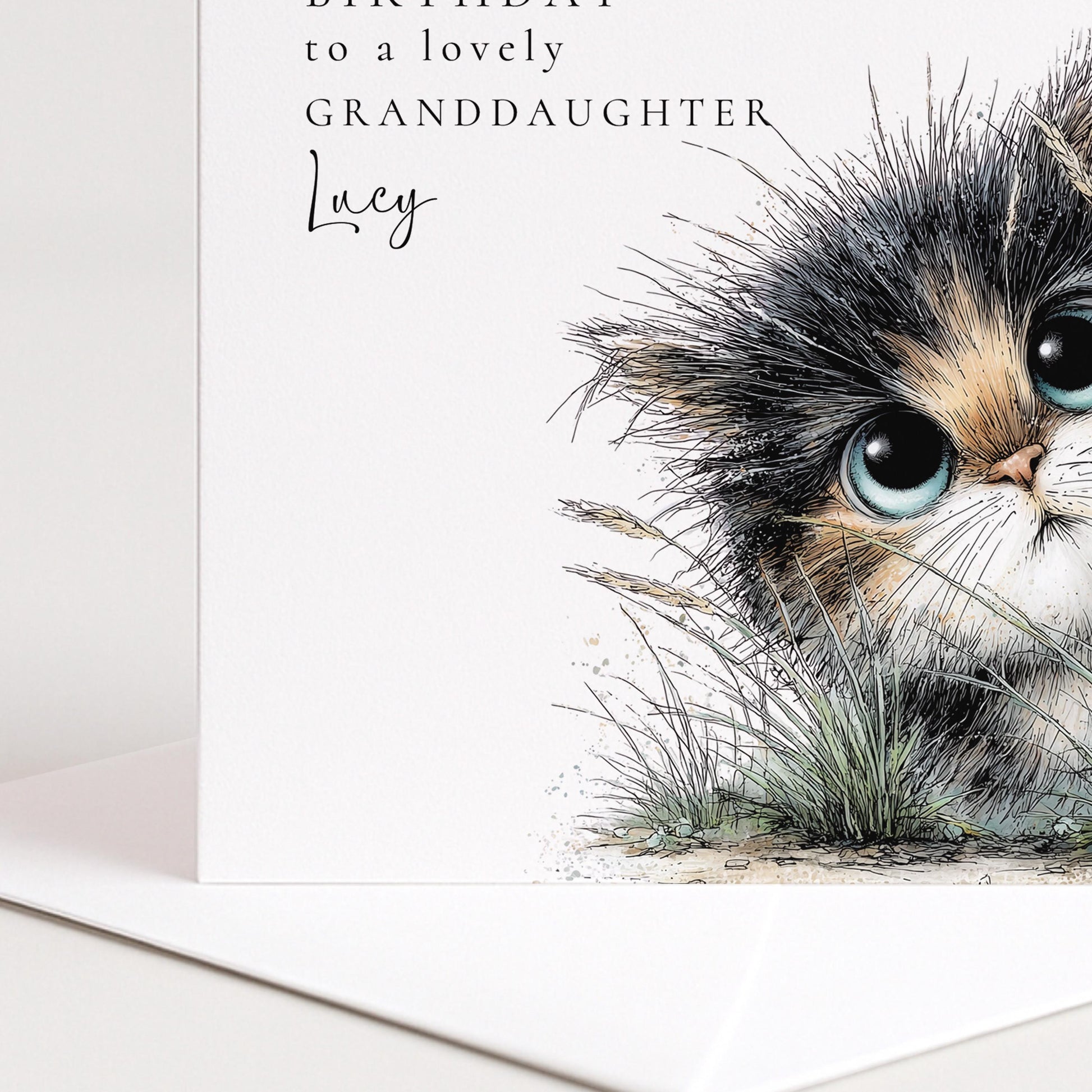Granddaughter Birthday Card – Cute Cat Design With Personalised Name & Envelope