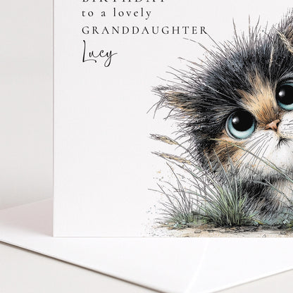 Granddaughter Birthday Card – Cute Cat Design With Personalised Name & Envelope