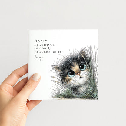 Granddaughter Birthday Card – Cute Cat Design With Personalised Name & Envelope