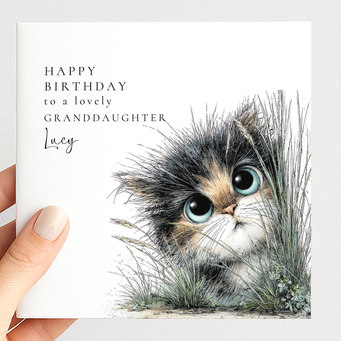 Granddaughter Birthday Card – Cute Cat Design With Personalised Name & Envelope