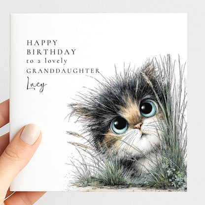 Granddaughter Birthday Card – Cute Cat Design With Personalised Name & Envelope