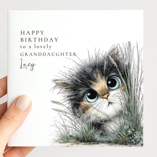 Granddaughter Birthday Card – Cute Cat Design With Personalised Name & Envelope