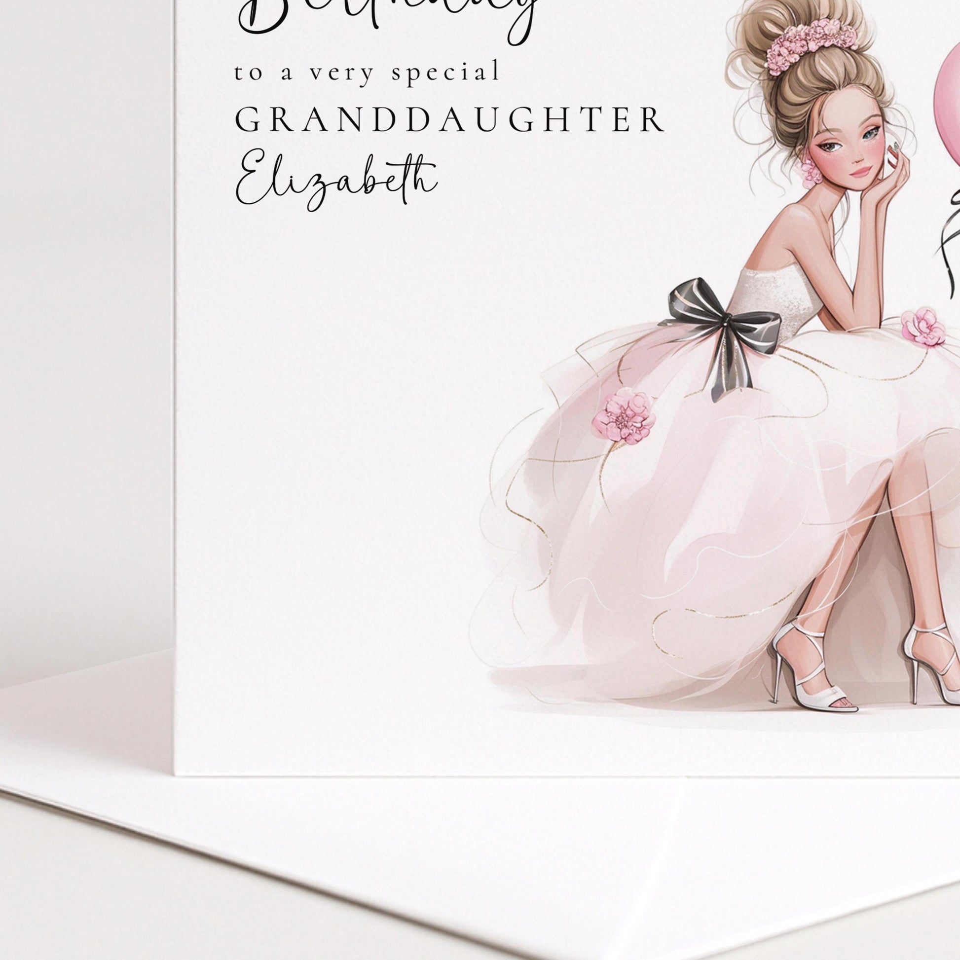 Personalized blonde teenage granddaughter birthday card from Whimsi Lilley, featuring colorful birthday-themed design.