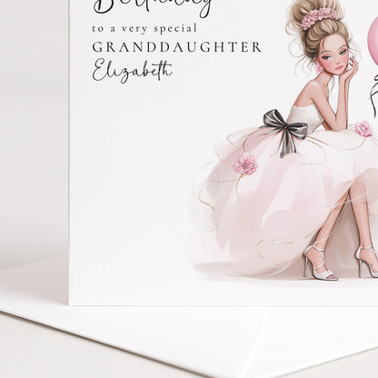 Personalized blonde teenage granddaughter birthday card from Whimsi Lilley, featuring colorful birthday-themed design.