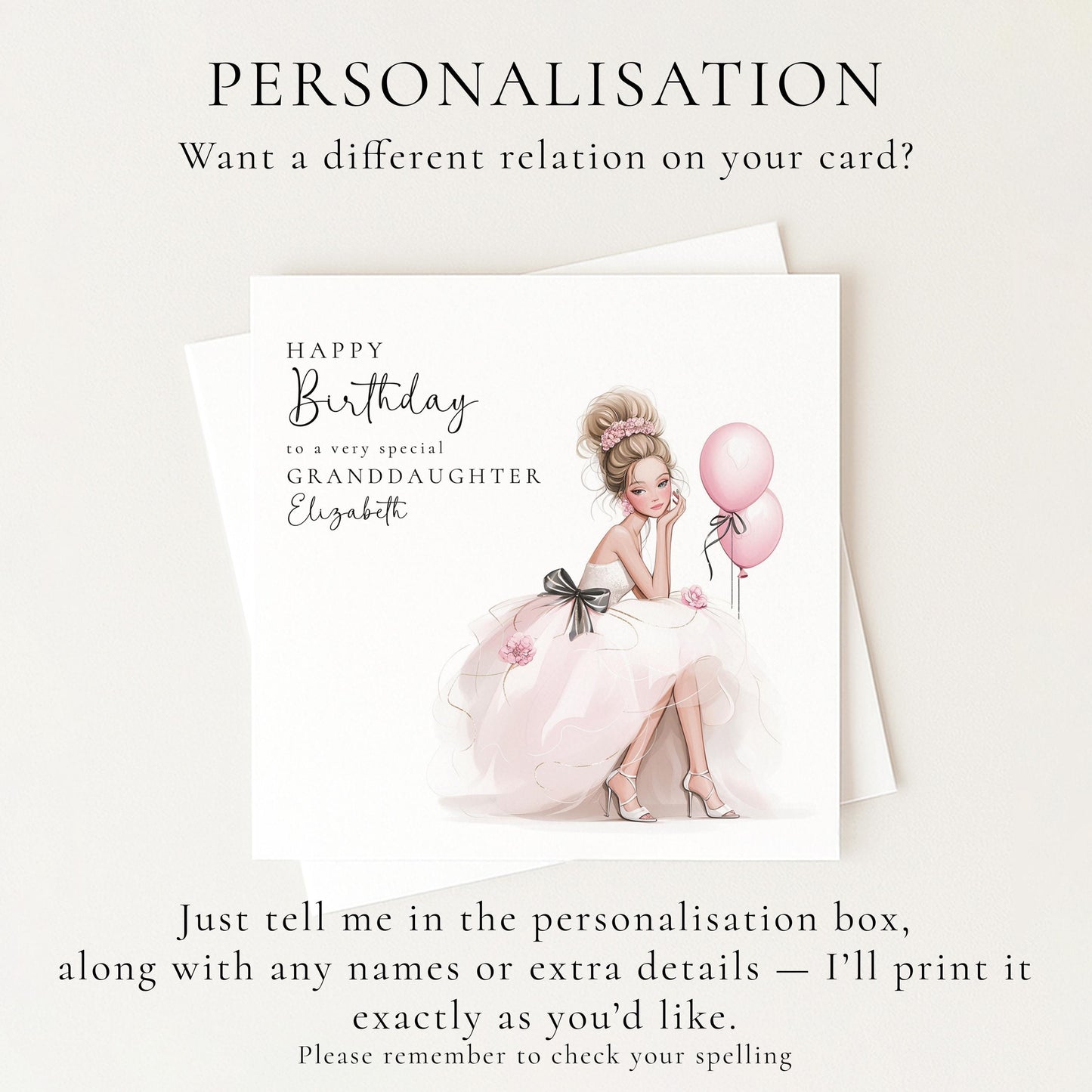 Personalised blonde teen granddaughter birthday card from Whimsi Lilley, featuring colorful birthday-themed design for kids.
