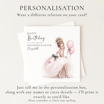 Personalised blonde teen granddaughter birthday card from Whimsi Lilley, featuring colorful birthday-themed design for kids.