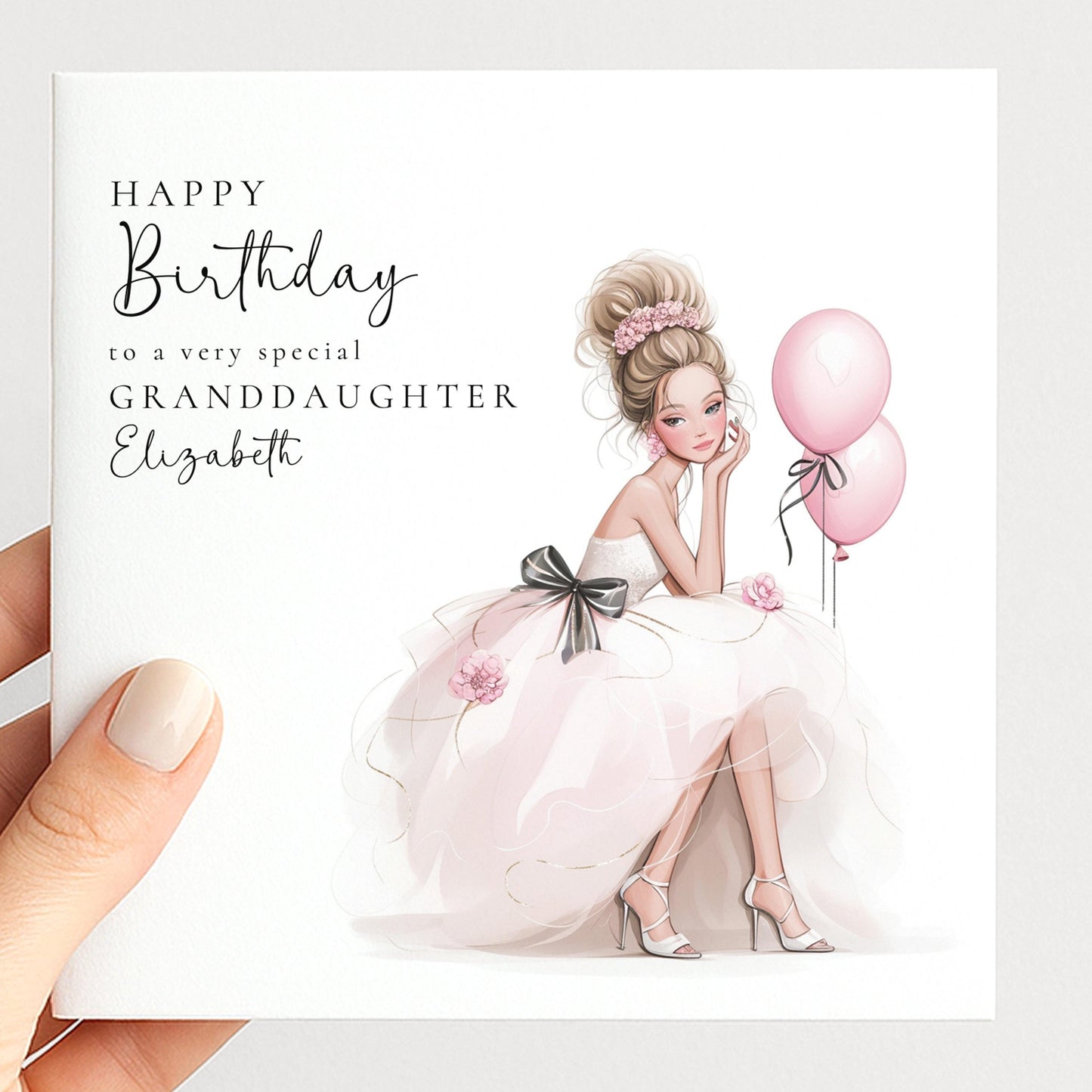Personalized blonde teen granddaughter birthday card from Whimsi Lilley, with colorful design and heartfelt message for kids.