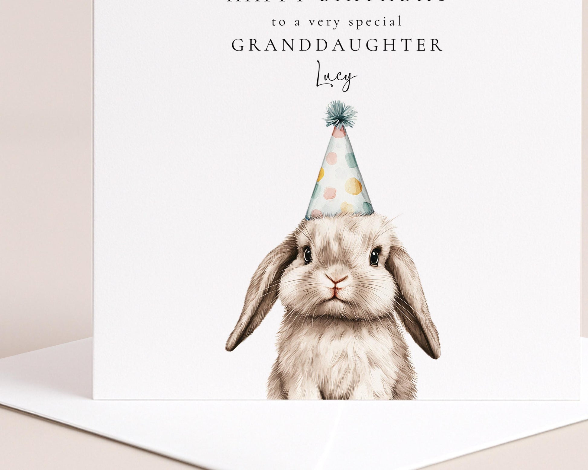 Granddaughter Birthday Card - Personalised Cute Bunny Card With Party Hat