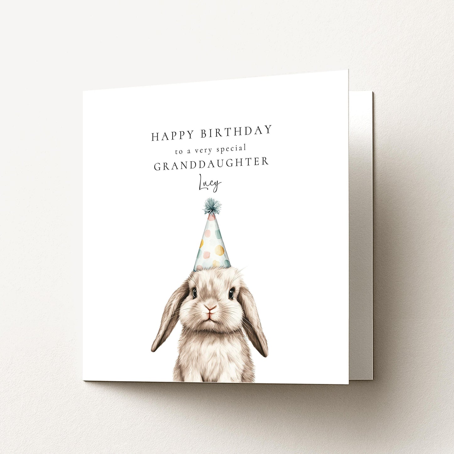 Granddaughter Birthday Card - Personalised Cute Bunny Card With Party Hat