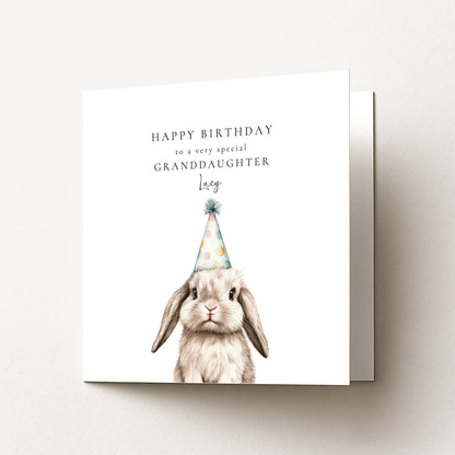Granddaughter Birthday Card - Personalised Cute Bunny Card With Party Hat