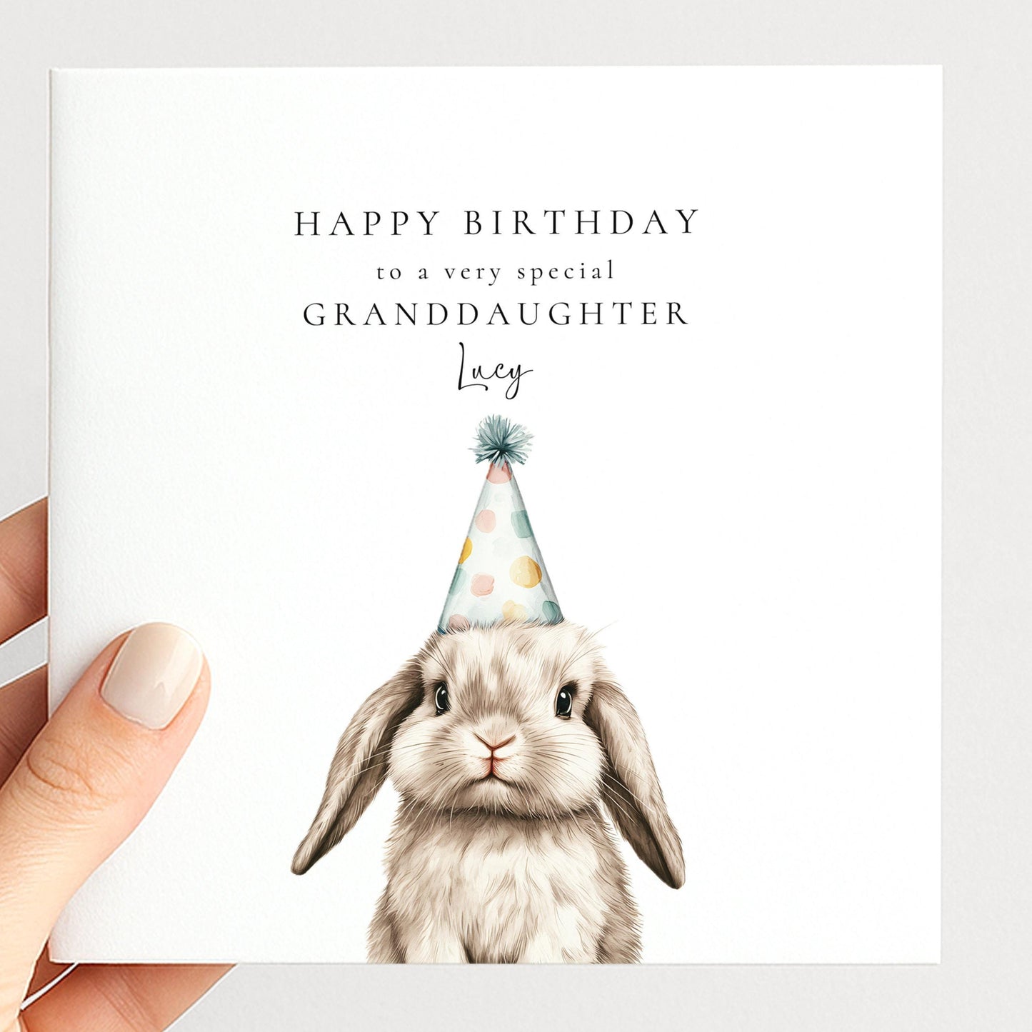 Granddaughter Birthday Card - Personalised Cute Bunny Card With Party Hat