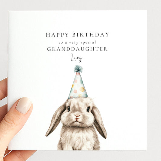Granddaughter Birthday Card - Personalised Cute Bunny Card With Party Hat