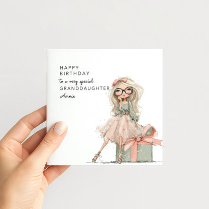 Granddaughter Birthday Card – Personalised Cute Girl Design on Premium Matte Card