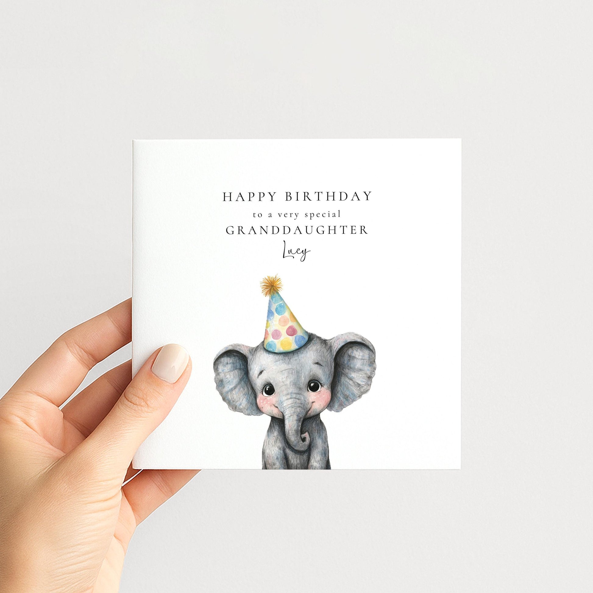 Granddaughter Birthday Card - Personalised Elephant Birthday Card With Party Hat Illustration