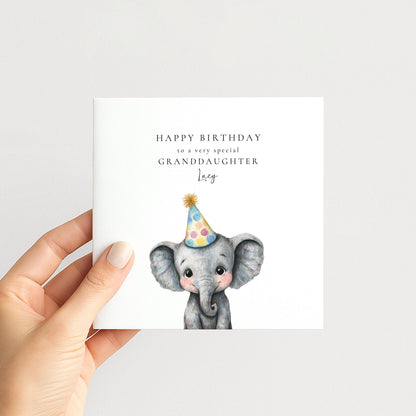 Granddaughter Birthday Card - Personalised Elephant Birthday Card With Party Hat Illustration
