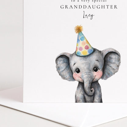 Granddaughter Birthday Card - Personalised Elephant Birthday Card With Party Hat Illustration