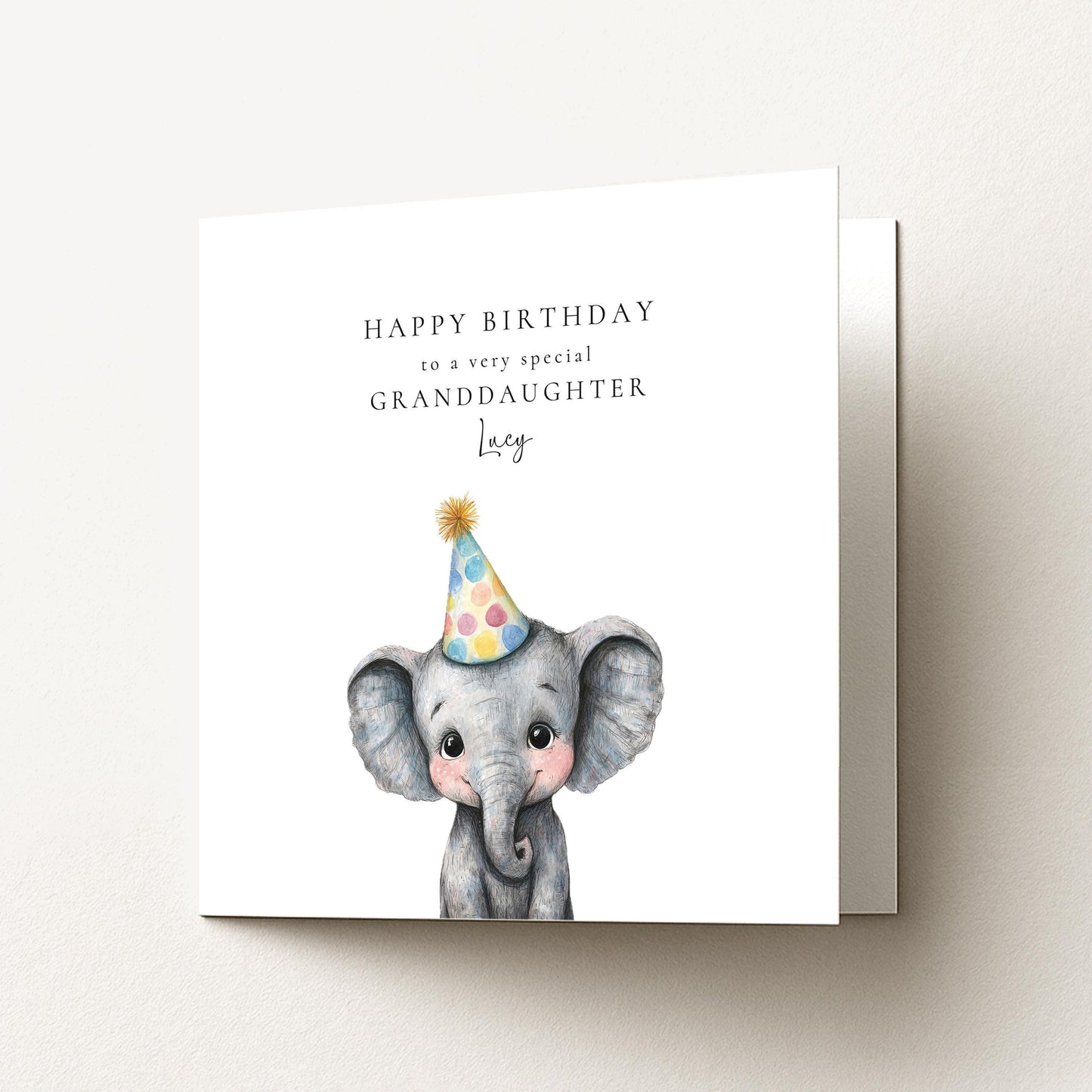 Granddaughter Birthday Card - Personalised Elephant Birthday Card With Party Hat Illustration