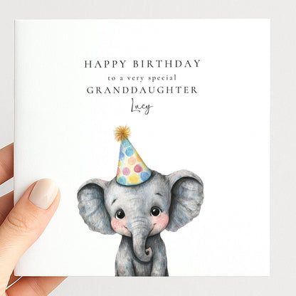 Granddaughter Birthday Card - Personalised Elephant Birthday Card With Party Hat Illustration