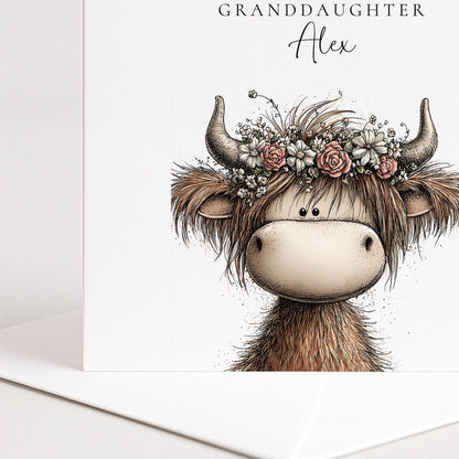 Granddaughter Birthday Card – Personalised Floral Crown Highland Cow Design