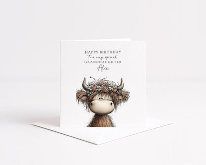 Granddaughter Birthday Card – Personalised Floral Crown Highland Cow Design
